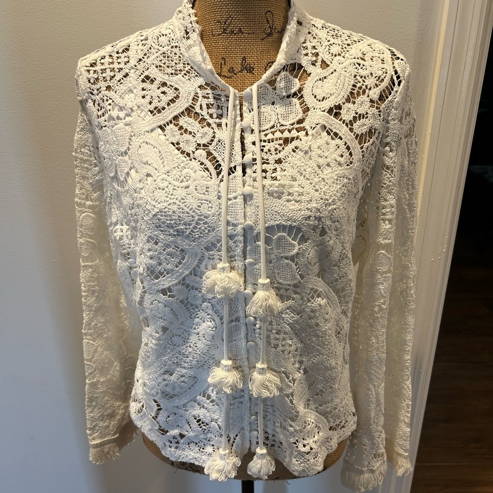 Chic White Lace Blouse with Tassels and matching pants